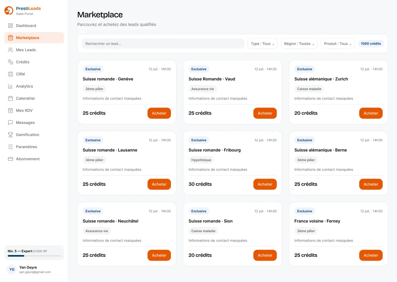 Capture de l'application PrestiLeads : la place de marché des leads, avec filtres et cartes de leads exclusifs